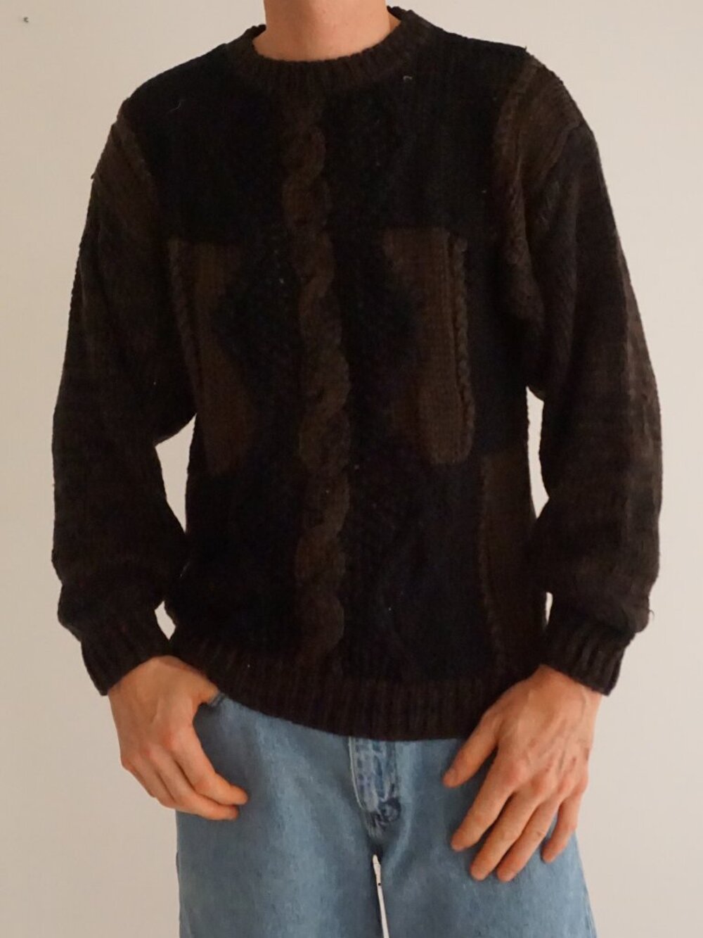 Sole Cable Knit Handmade Aran Fisherman Braided Heavyweight Crew Neck Sweater L